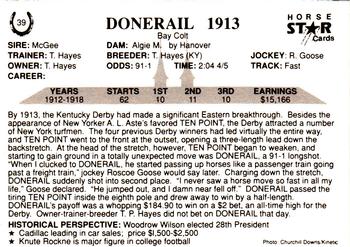 1991 Horse Star Kentucky Derby #39 Donerail Back